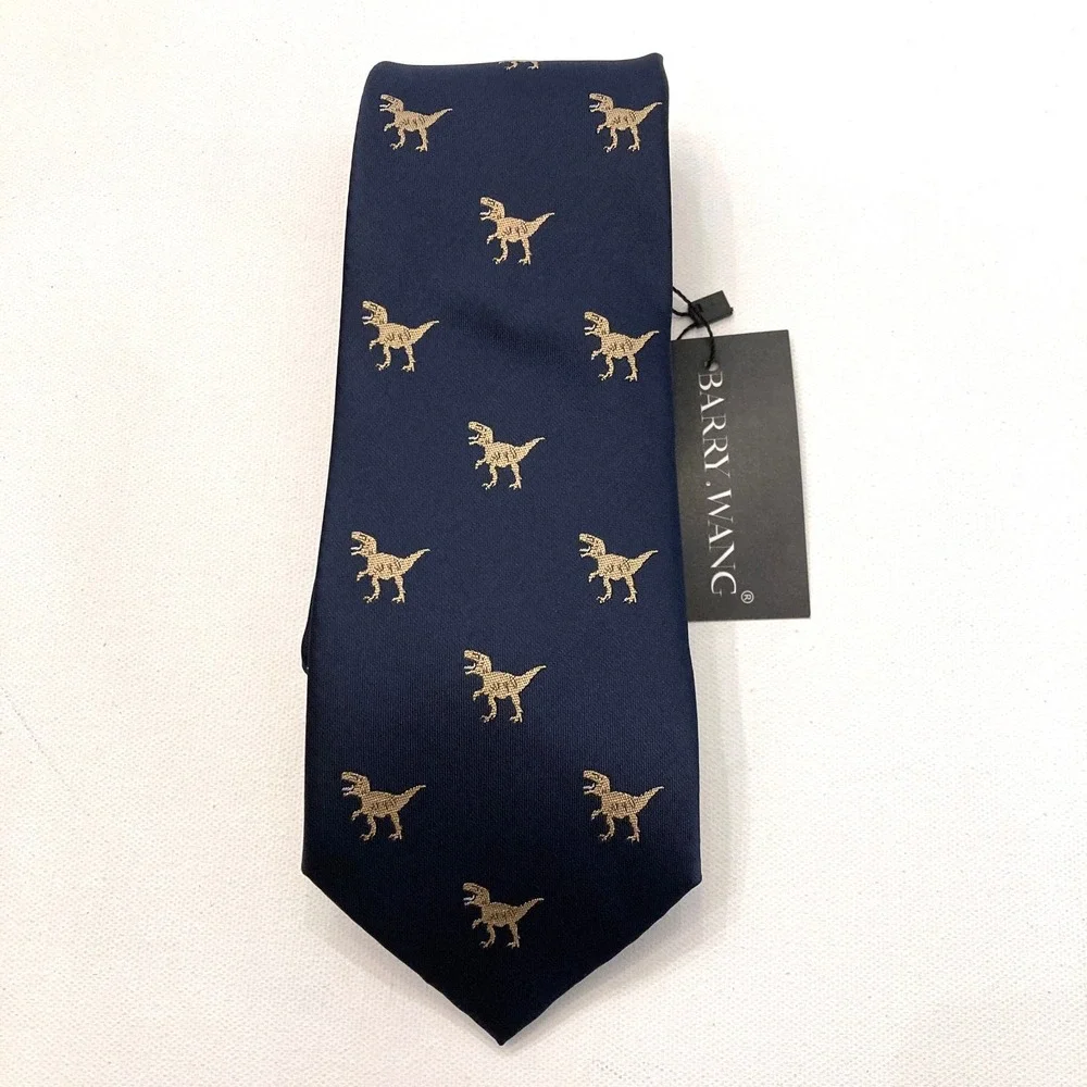 Barry Wang Dinosaur Tie Navy Blue 100% Silk T-Rex 59